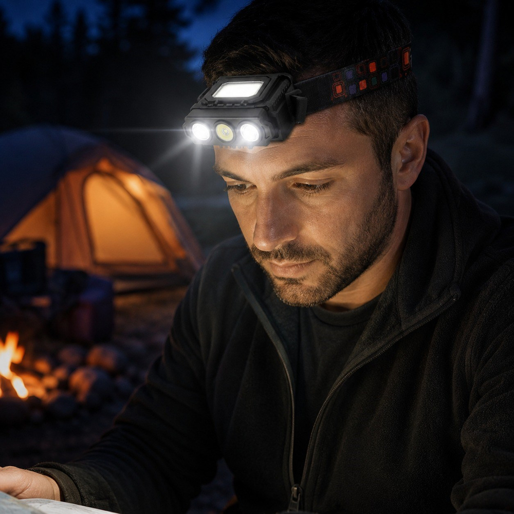 LY-801 Sensörlü Şarjlı Kafa Feneri Type-C Şarjlı 3 LED ve COB Aydınlatmalı Hareket Sensörlü Ayarlanabilir Bantlı Kamp Tamir Outdoor Baş Feneri