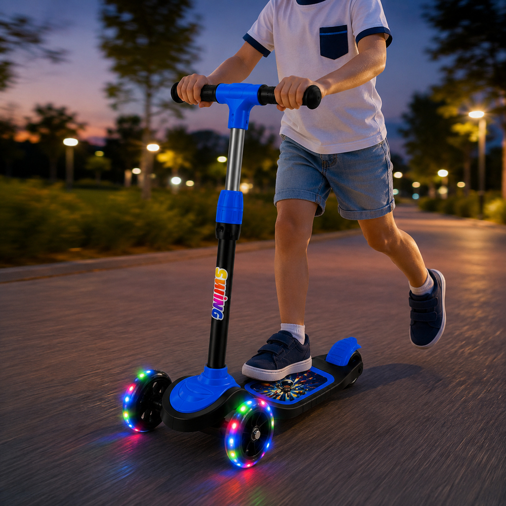 Mavi CNS Scooter Çocuklar İçin 3 Tekerlekli Denge Scooter 3 Kademe Ayarlanabilir Direksiyon Işıklı Tekerlekli Geniş Ayak Basma Alanı Arka Ayak Frenli Çocuk Scooterı