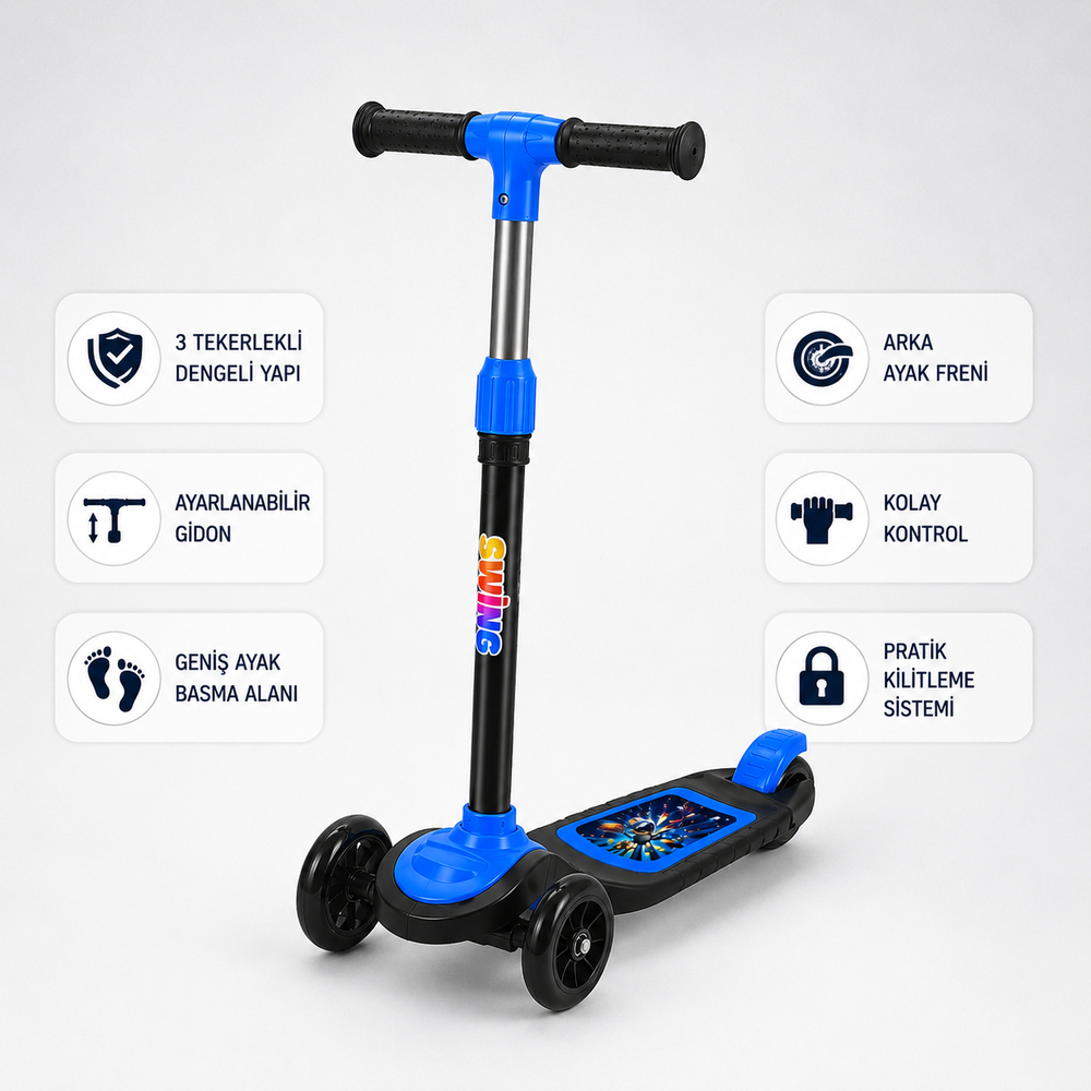 Mavi CNS Scooter Çocuklar İçin 3 Tekerlekli Denge Scooter 3 Kademe Ayarlanabilir Direksiyon Işıklı Tekerlekli Geniş Ayak Basma Alanı Arka Ayak Frenli Çocuk Scooterı