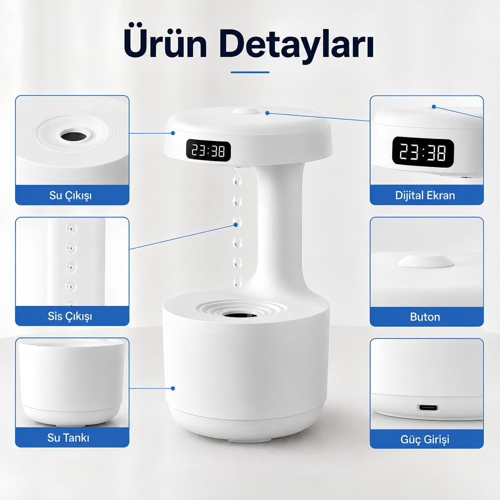 PDPG-599 Yağmur Damlası Efektli Aroma Difüzörü ve Hava Nemlendirici Dijital Saat Göstergeli Dekoratif Ortam Aydınlatmalı Buhar Makinesi