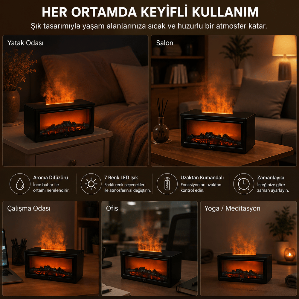 PDPG-A4 Şömine Görünümlü Aroma Difüzörü ve Hava Nemlendirici 280 ml 7 Renk LED Alev Efektli Uzaktan Kumandalı Zaman Ayarlı Kablolu Buhar Makinesi