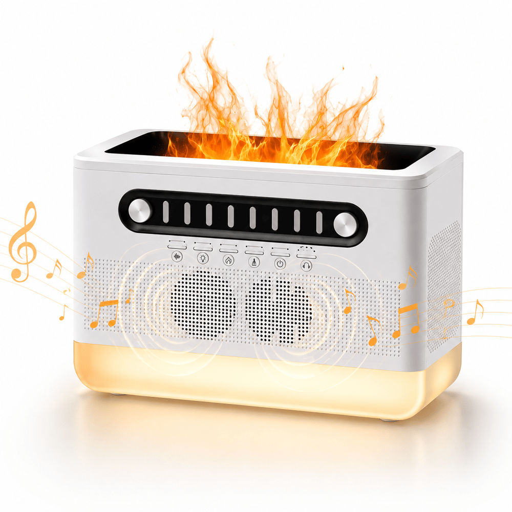 PDPG-FS301 Alev Efektli Aroma Difüzörü ve Kablosuz Hoparlör 7 Renk LED Gece Lambası Şarj Edilebilir Çok Fonksiyonlu Speaker Hava Nemlendirici