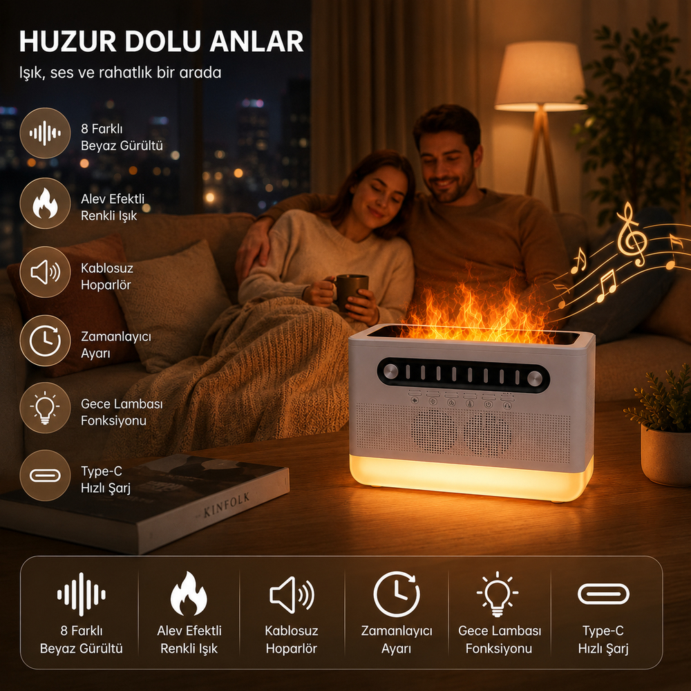 PDPG-FS301 Alev Efektli Aroma Difüzörü ve Kablosuz Hoparlör 7 Renk LED Gece Lambası Şarj Edilebilir Çok Fonksiyonlu Speaker Hava Nemlendirici