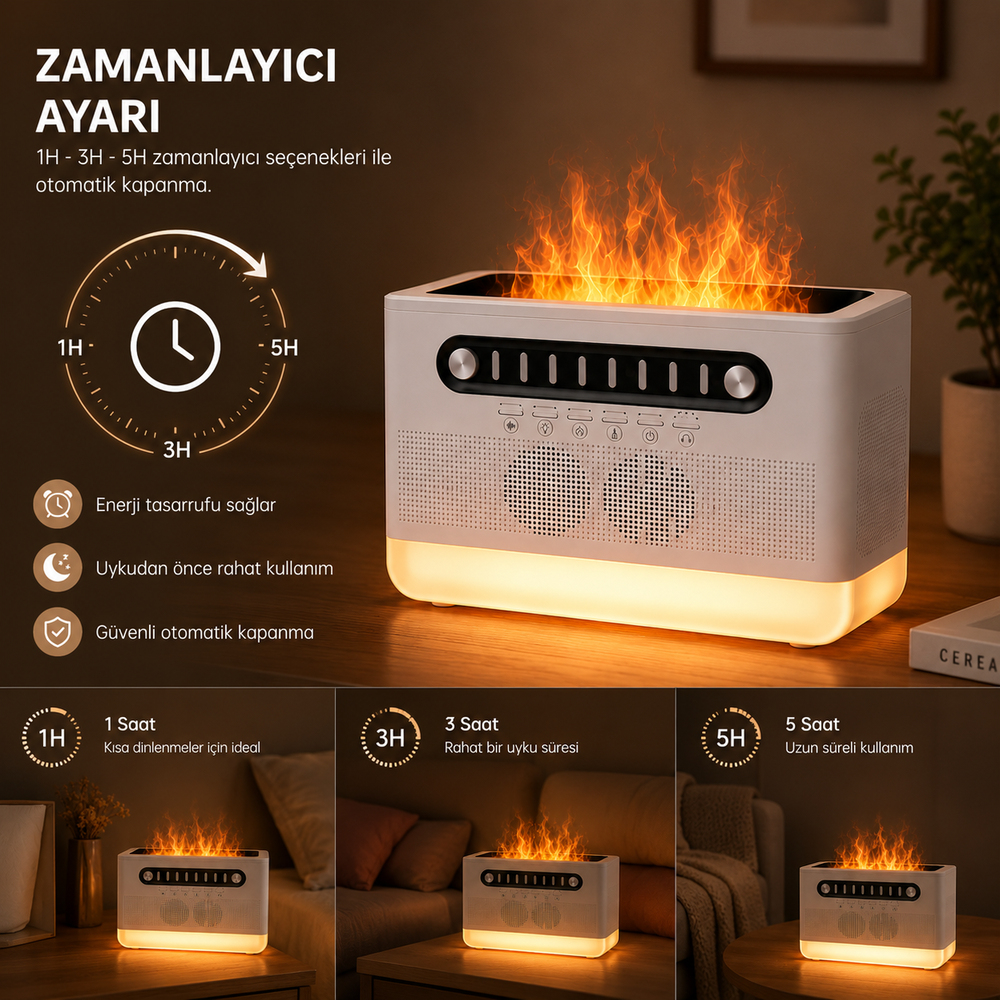 PDPG-FS301 Alev Efektli Aroma Difüzörü ve Kablosuz Hoparlör 7 Renk LED Gece Lambası Şarj Edilebilir Çok Fonksiyonlu Speaker Hava Nemlendirici