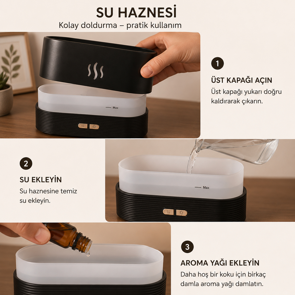 PDPG-SL169 Alev Efektli Ultrasonik Aroma Difüzörü ve Hava Nemlendirici LED Aydınlatmalı Su Hazneli Type C Masaüstü Buhar Makinesi