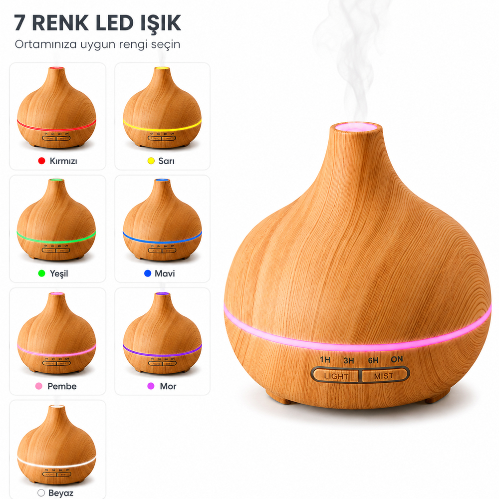 PDPG-SL400 500 ML Ultrasonik Aroma Difüzörü ve Hava Nemlendirici 7 Renk LED Işıklı Uzaktan Kumandalı Zaman Ayarlı Ahşap Görünümlü Aromaterapi Cihazı