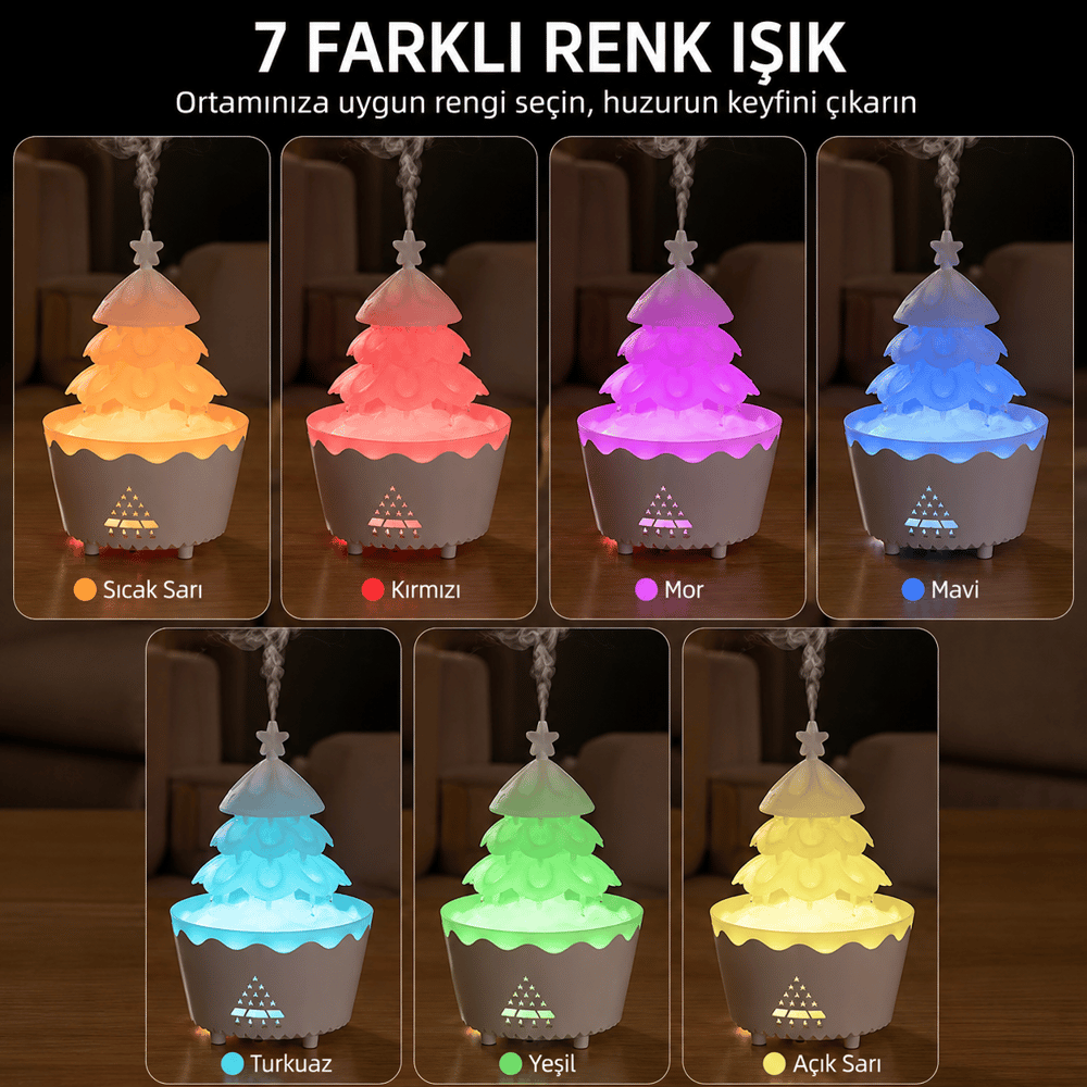 PDPG-V51 Renkli LED Işıklı Çam Ağacı Tasarımlı Aroma Difüzörü ve Hava Nemlendirici Buhar Makinesi Zaman Ayarlı Dekoratif Gece Lambası