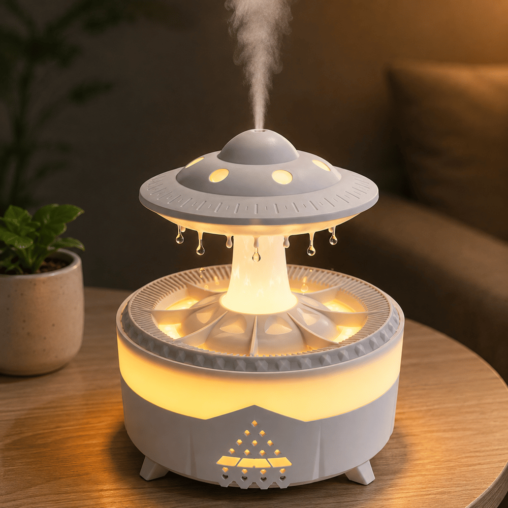 PDPG-V56 Ufo Tasarımlı Yağmur Damlacıklı Aroma Difüzörü Hava Nemlendirici LED Işıklı Buhar Makinesi Zaman Ayarlı Dekoratif Oda Nemlendirici
