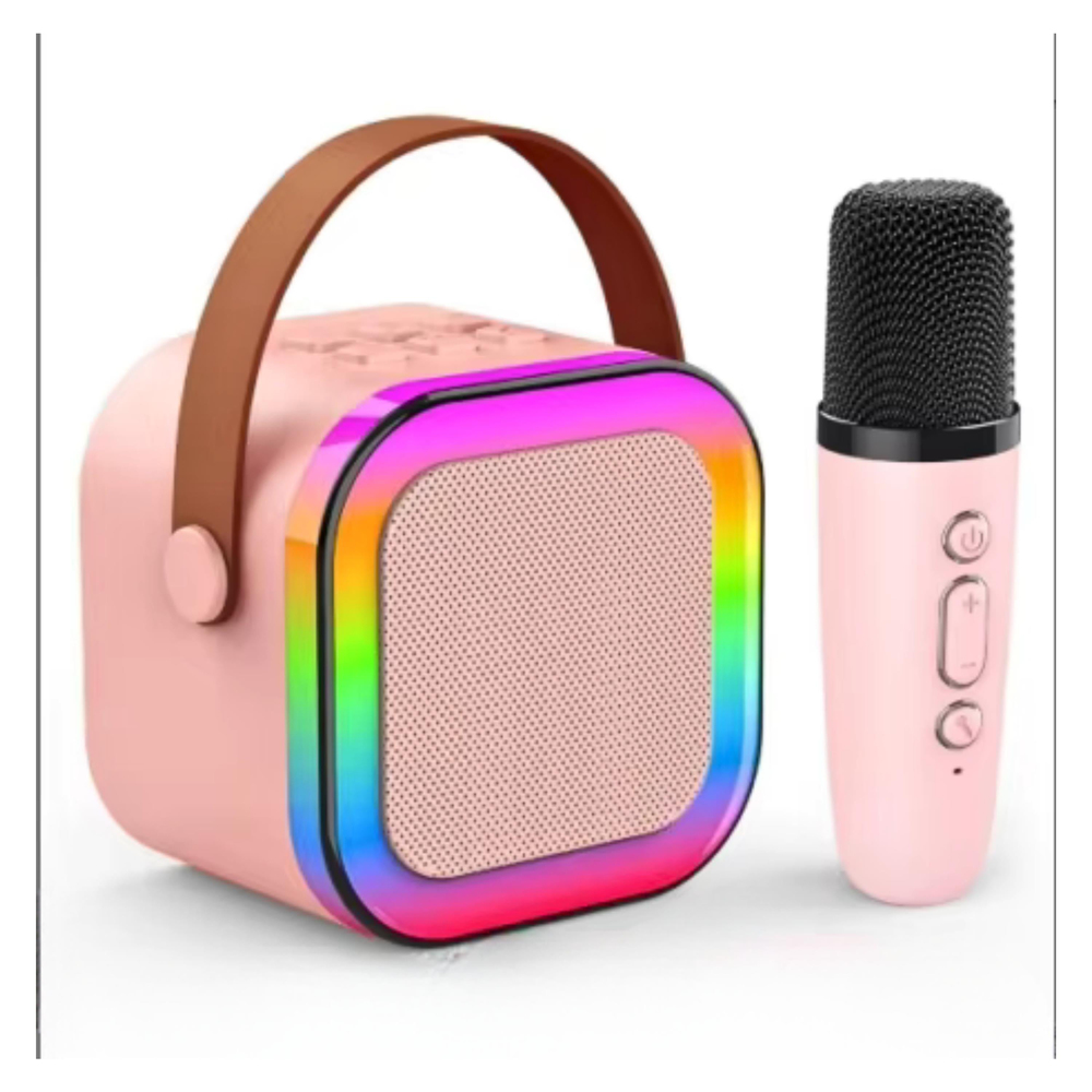 Pembe K12 Renkli Işıklı Karaoke Hoparlör Tek Mikrofonlu Taşınabilir Bluetooth Müzik Kutusu Led Efektli Kablosuz Şarjlı Speaker 