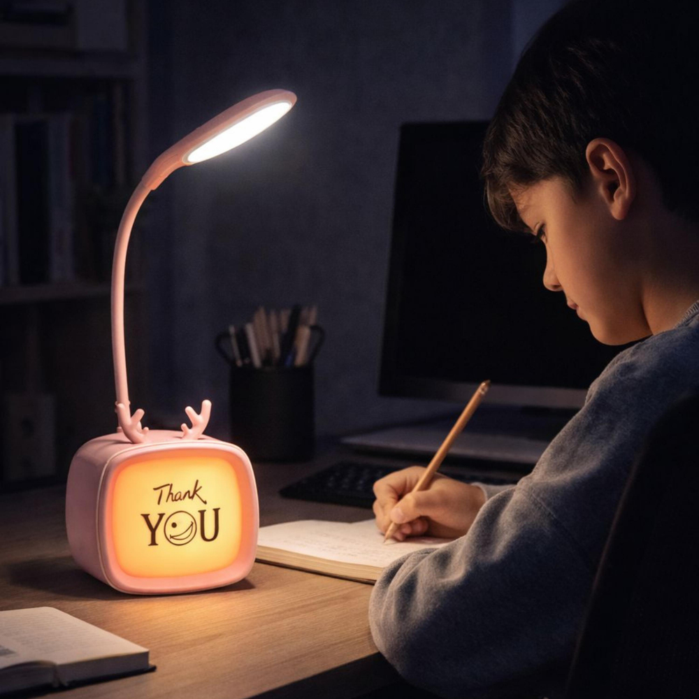 Pembe LD8804 Masa Lambası Şarjlı 3 Modlu 8 Led Işıklı Tv Tasarımlı Beyaz Işıklı Esnek Oynar Kollu Gece Lambası Thank You Yazılı 360 Derece Oynar 