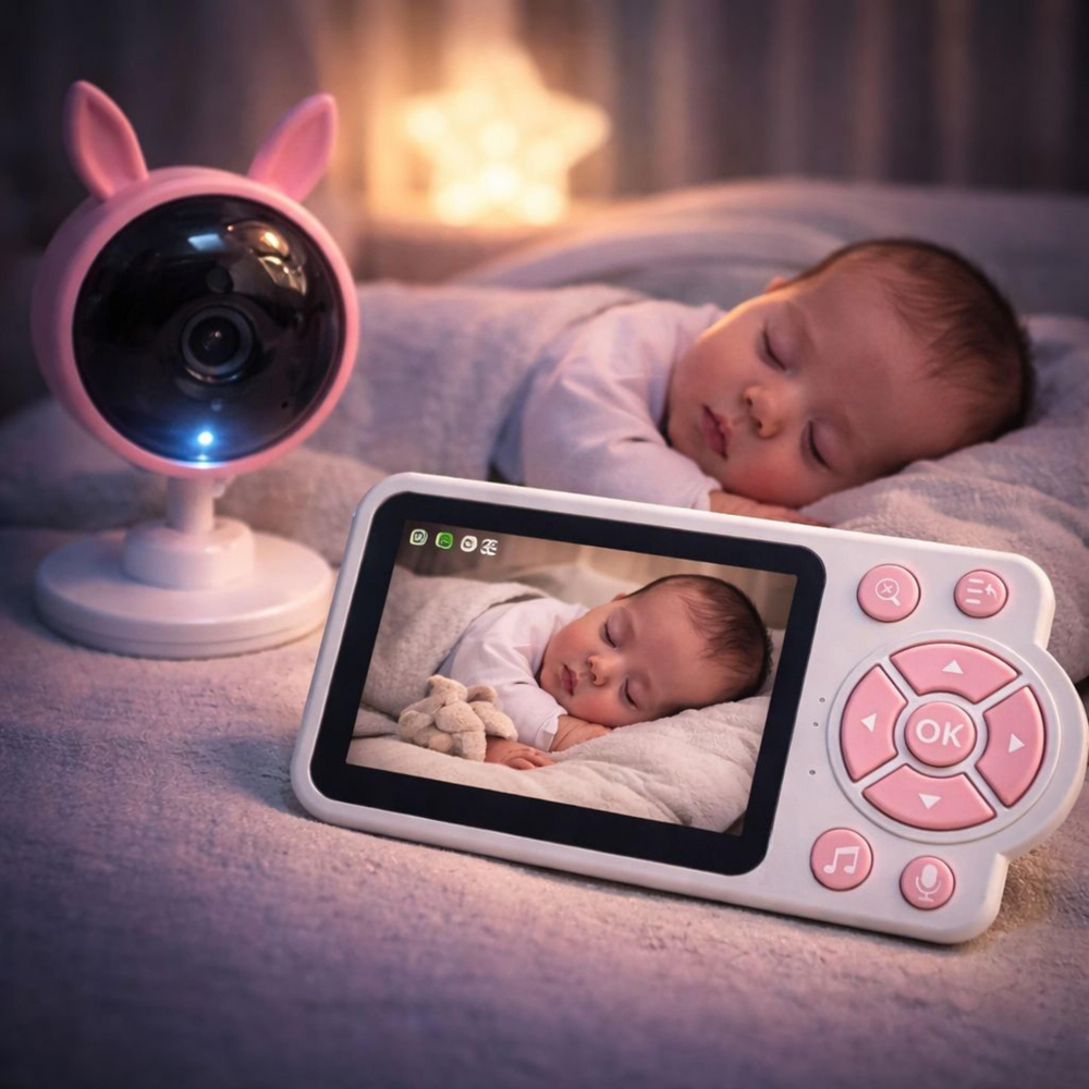 Pembe Tavşan C38 Bebek Kamerası 2.8 İnç Ekranlı 360 Derece Dönebilen Gece Görüşlü Bebek Monitörü Çift Yönlü Ses Ağlama Algılama Sıcaklık Ölçer