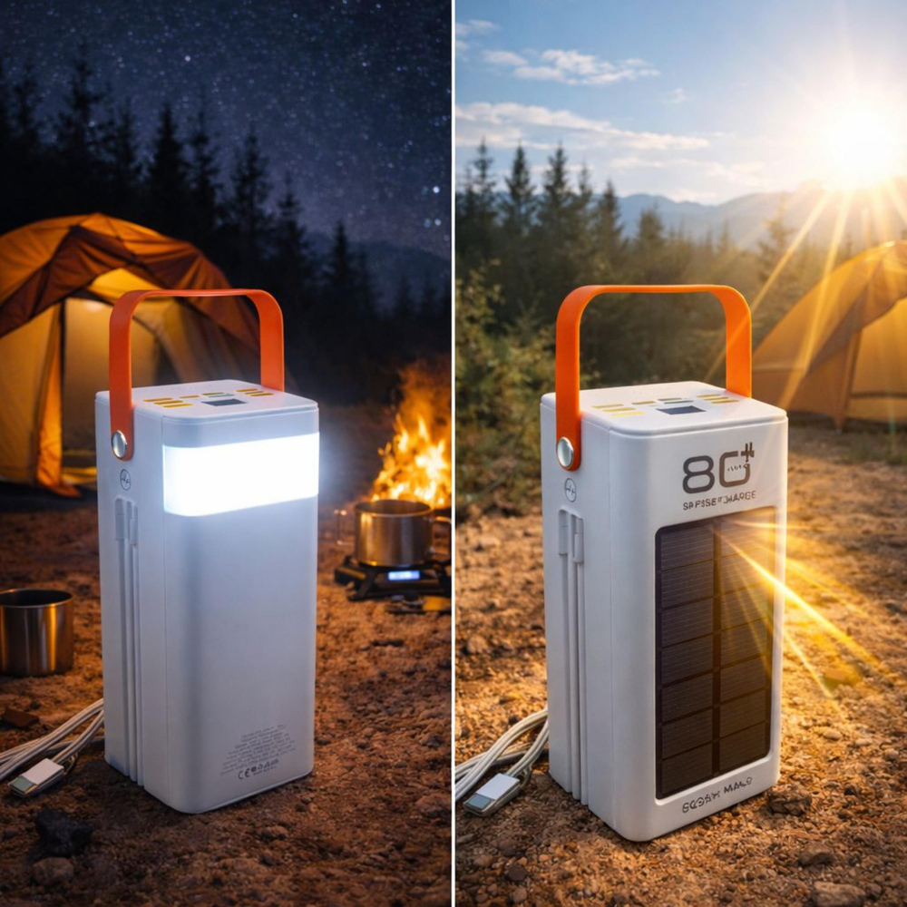 PW780 80000 Mah Solar Powerbank Led Fenerli Taşınabilir Şarj Cihazı Type-C Lightning Kablolu Hızlı Şarj Güneş Enerjili 2 Çıkışlı Çoklu Girişli Işıklı Powerbank