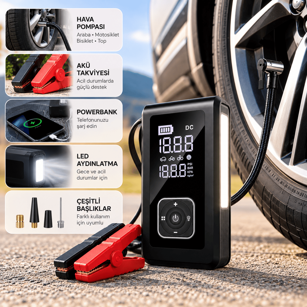 PW9080 5i 1 Arada 10000 mAh Akü Takviye Cihazı 150 PSI Dijital Lastik Şişirme Pompası Taşınabilir Hava Kompresörü Powerbank LED Fener