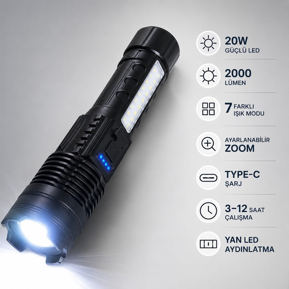Q-MAX PS-2700 Şarjlı LED El Feneri 2000 Lümen 20W Güçlü Aydınlatma 7 Işık Modlu Ayarlanabilir Zoom Yan LED Type-C Şarjlı Kamp ve Acil Durum Feneri