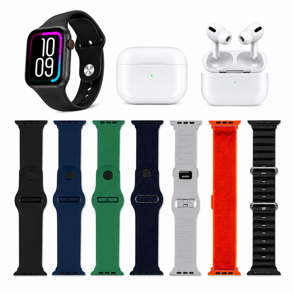 S1000 ProMax 7+2 Akıllı Saat Seti Kablosuz Bluetooth Kulaklık 7 Farklı Kordon Dokunmatik Akıllı Saat Type C Şarj Destekli