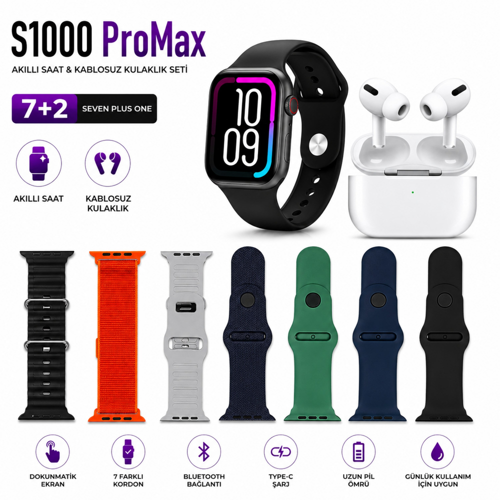 S1000 ProMax 7+2 Akıllı Saat Seti Kablosuz Bluetooth Kulaklık 7 Farklı Kordon Dokunmatik Akıllı Saat Type C Şarj Destekli