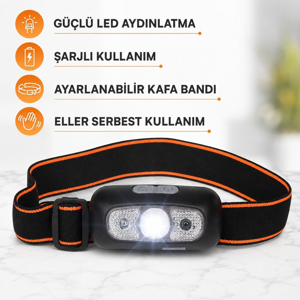 Şarjlı LED Kafa Feneri Güçlü Işıklı Ayarlanabilir Elastik Bantlı Eller Serbest Kamp Yürüyüş Tamirat Çalışma ve Acil Durum Feneri