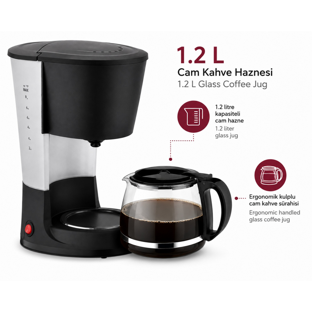SCM2938 Filtre Kahve Ve Çay Demleme Makinesi 1.2 L Cam Hazneli Yıkanabilir Filtreli Damlama Önleyici Sistemli Kahve Makinesi 800W