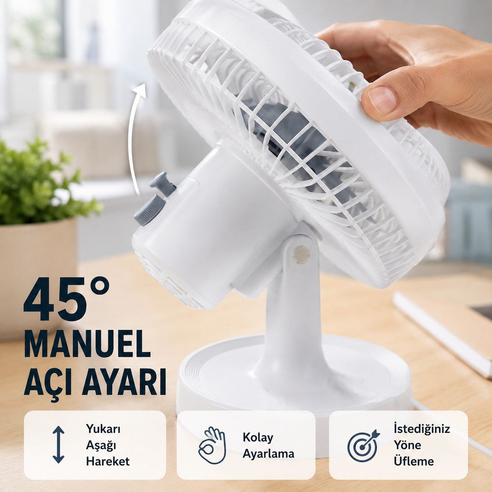 SF7703 Mini Masaüstü Vantilatör 2 Kademeli Hız Ayarlı Sessiz Çalışma 45° Otomatik Salınımlı 2200 RPM Fan Oynar Başlıklı 