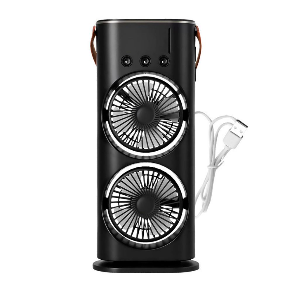 Siyah 5003 Çift Fanlı Sprey Soğutucu Nemlendirici Şarjlı Masaüstü Vantilatör Su Püskürten 2li Rgb Işıklı Oynar Başlıklı Ayarlanabilir Serinletici Fan 