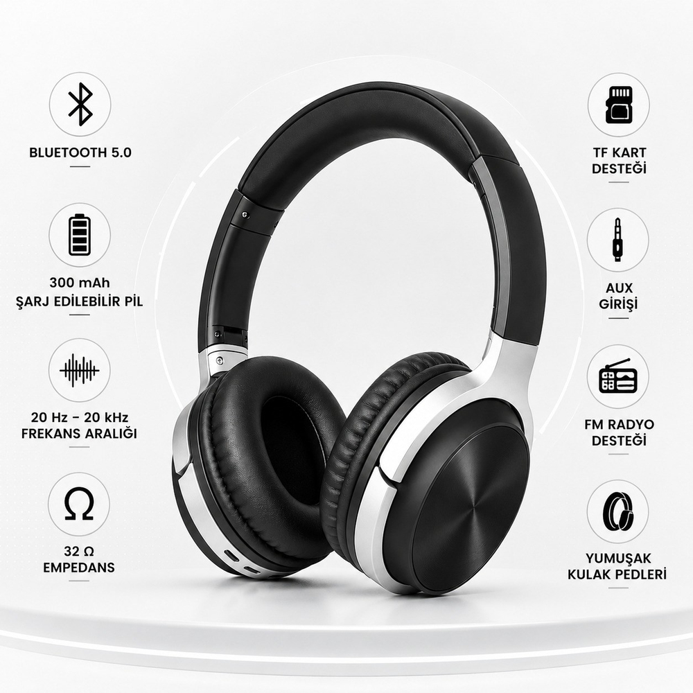 Siyah BT830 Kablosuz Bluetooth 5.0 Kulak Üstü Kulaklık TF Kart Destekli Aux Girişli Şarj Edilebilir Kulaklık
