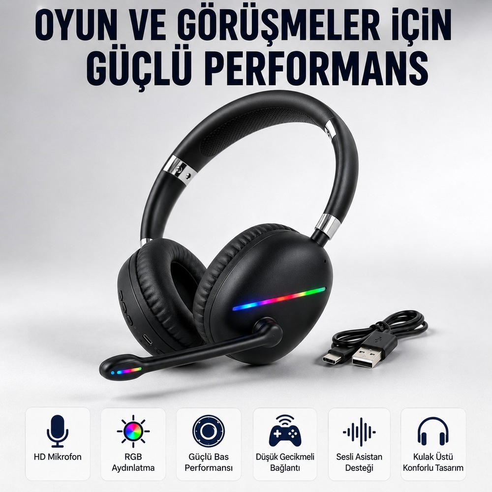 Siyah Max17 RGB Aydınlatmalı Bluetooth 5.0 Kablosuz Kulak Üstü Oyuncu Kulaklığı Mikrofonlu 40 mm Güçlü Ses TF Kart Destekli Type C Şarjlı Gaming Headset