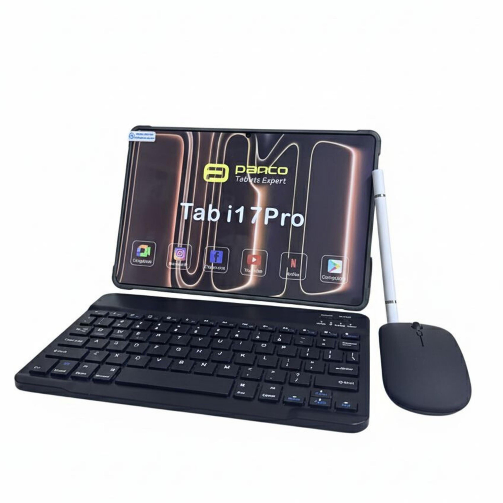 Siyah Panco İ17 Pro 5G Sim Kartlı Tablet 16 Gb RAM 1TB Hafıza 10.1 İnç Android Büyük Ekran Kalem Klavye Mouse Seti Kılıflı 
