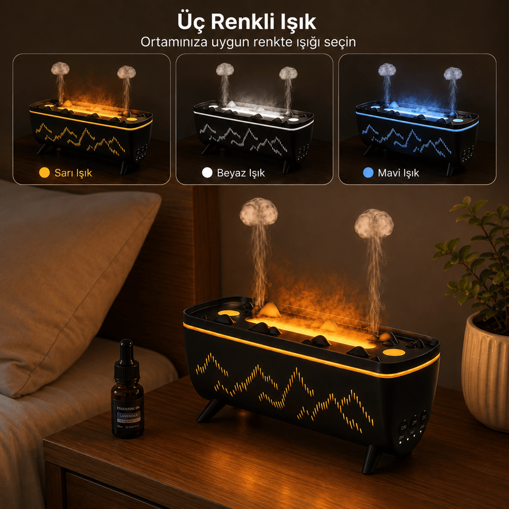 Siyah PDPG-V72 280 ML Alev Efektli Aroma Difüzörü ve Hava Nemlendirici Kablolu 3 Renk LED Işıklı Uzaktan Kumandalı Zaman Ayarlı Dekoratif Buhar Makinesi