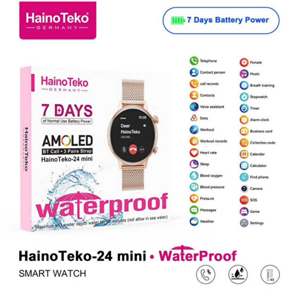 Siyah Teko24 Mini Kadın Akıllı Saat Amoled Ekran 7 Gün Şarj Süresi Bluetooth Arama Özellikli 3 Kordonlu Kadın Akıllı Saat Nabız Uyku Takibi Suya Dayanıklı