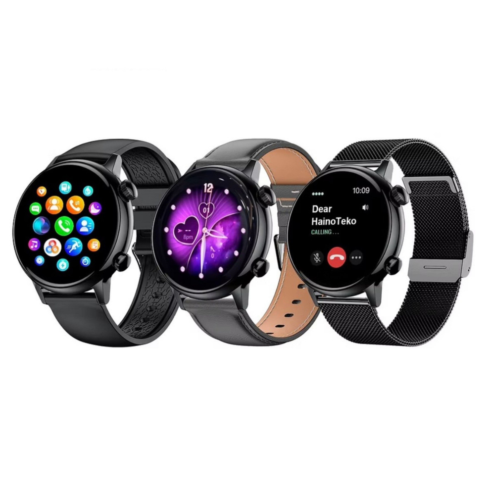 Siyah Teko24 Mini Kadın Akıllı Saat Amoled Ekran 7 Gün Şarj Süresi Bluetooth Arama Özellikli 3 Kordonlu Kadın Akıllı Saat Nabız Uyku Takibi Suya Dayanıklı