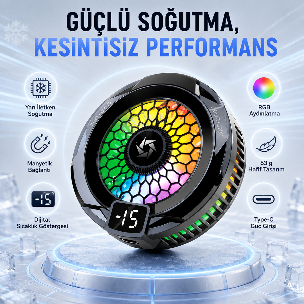 SL-25 Manyetik Telefon Soğutucu Güçlü Fanlı Hızlı Soğutma RGB Aydınlatmalı Dijital Sıcaklık Göstergeli