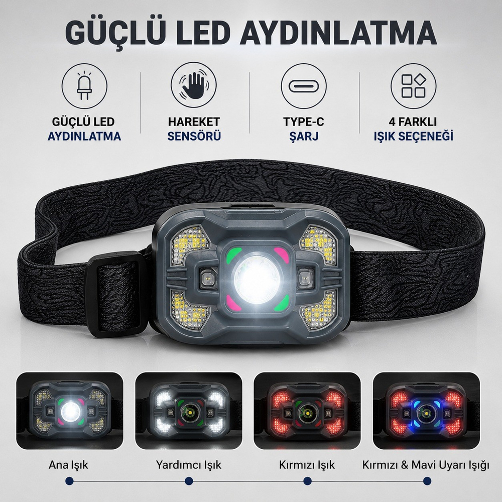 T127 Sensörlü Şarjlı LED Kafa Feneri El Hareket Sensörlü Type-C Şarjlı Çok Modlu Güçlü Işıklı Kırmızı Mavi Uyarı Lambalı Kamp Tamirat Feneri