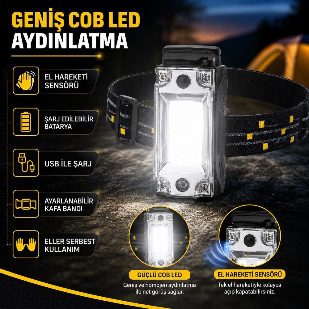 T133 Sensörlü Şarjlı Kafa Feneri Geniş COB LED Güçlü Aydınlatma El Hareket Sensörlü USB Şarjlı Ayarlanabilir Bantlı Kamp Tamirat Çalışma Feneri