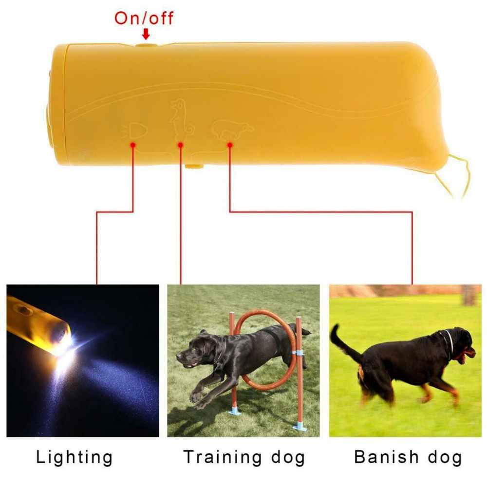 Ultrasonik Köpek Kovucu Cihaz Taşınabilir Köpek Eğitim Cihazı Led Işıklı Training Dog Banish Dog Pil Hediyeli 3 in 1 Köpek Kovma Cihazı