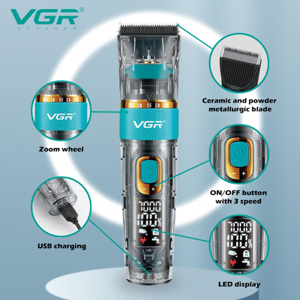 VGR V 695 Profesyonel Saç Sakal Tıraş Makinesi Şeffaf Gövdeli Seramik Bıçaklı Dijital Göstergeli 2600 mAh  Ayarlanabilir Kademeli Erkek Traş Makinesi