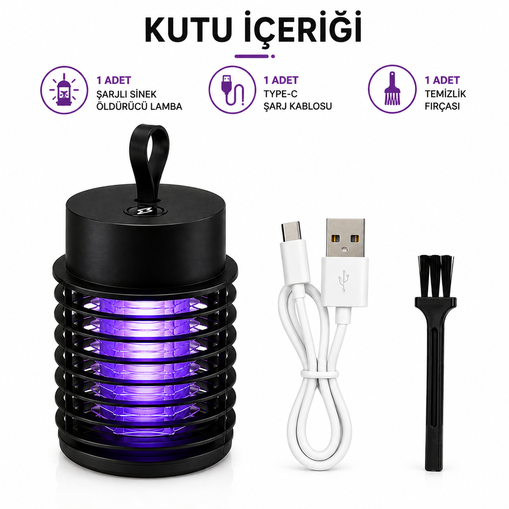 W6 Şarjlı Elektrikli Sinek Ve Sivrisinek Öldürücü UV Işıklı Lamba Askılı Masaüstü Kullanım Gece Lambalı Sarı Işıklı 2 Farklı Işık Modu
