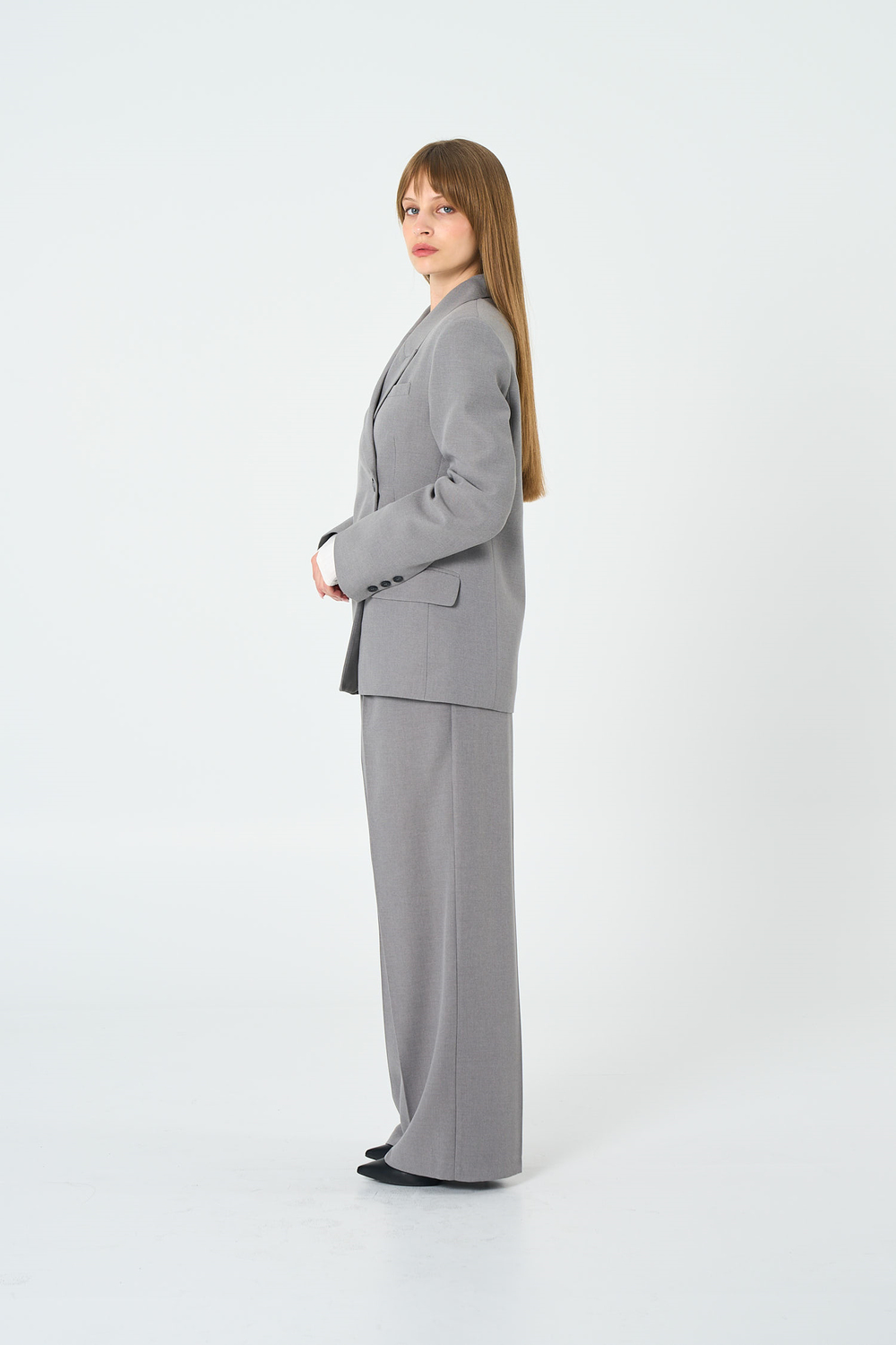 Kadın Gri Asimetrik Kruvaze Blazer