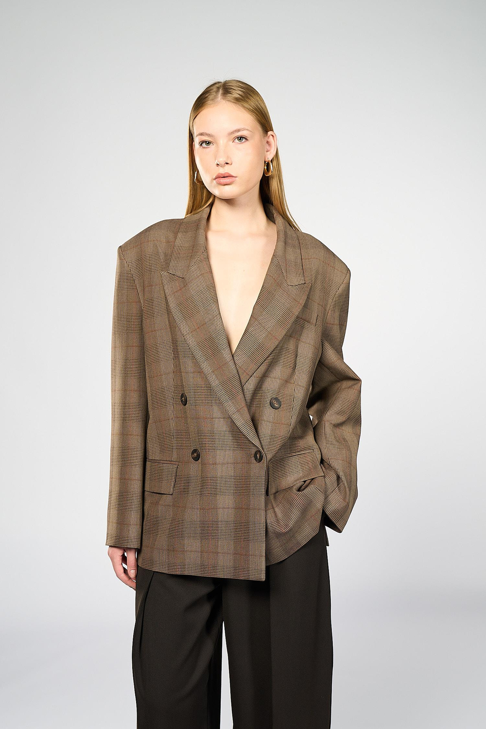 Kadın Kahverengi Ekoseli Oversize Blazer