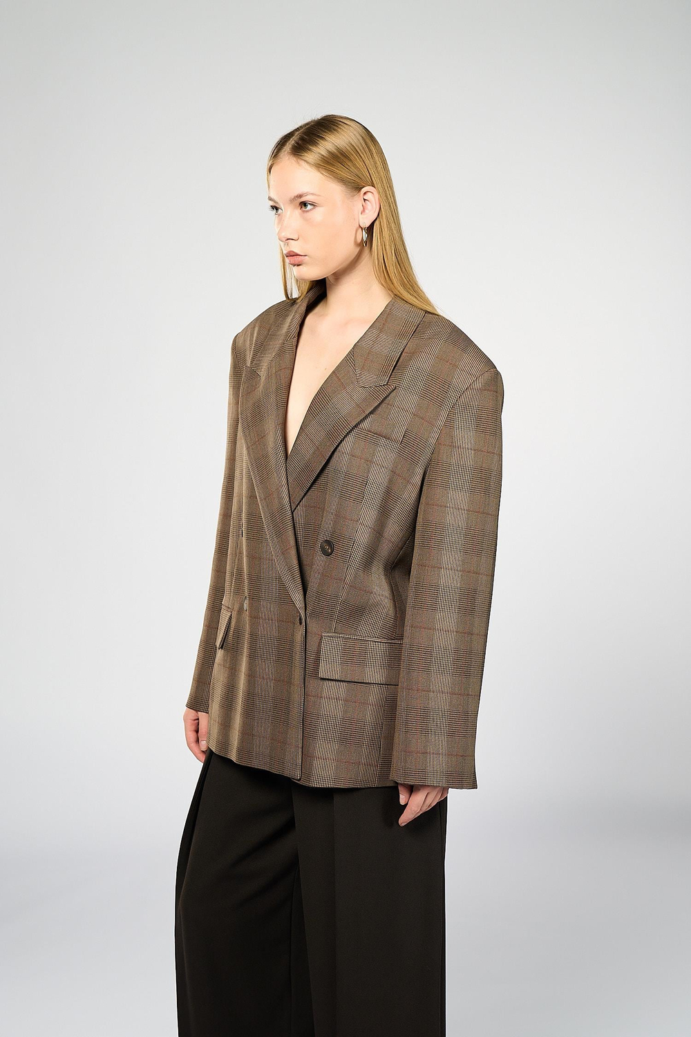 Kadın Kahverengi Ekoseli Oversize Blazer
