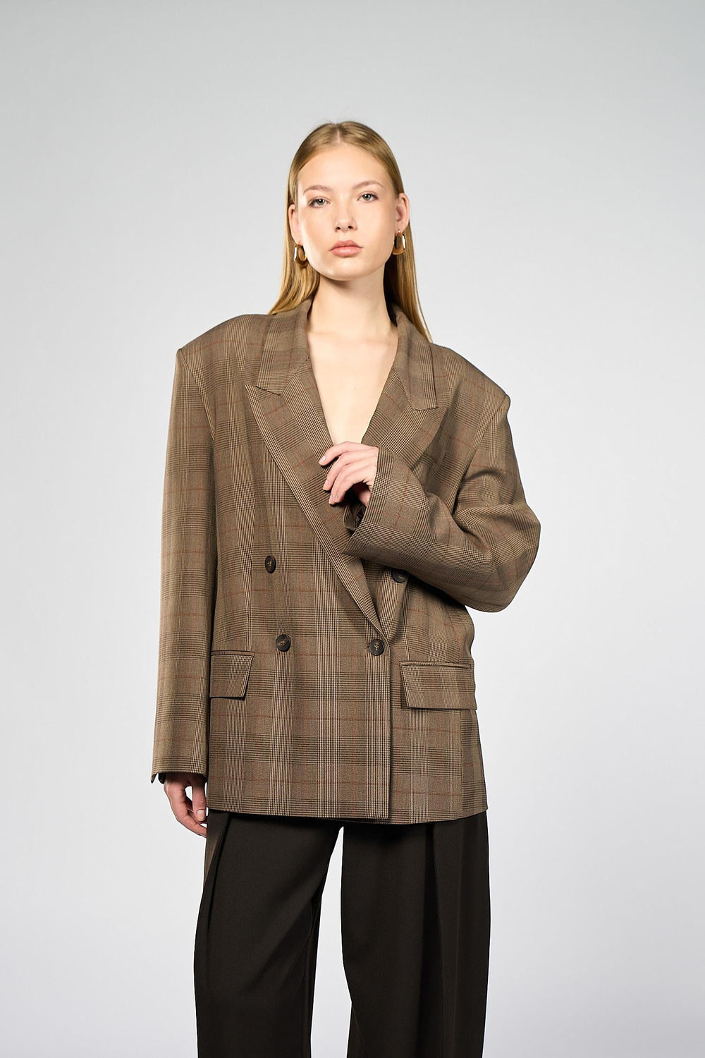 Kadın Kahverengi Ekoseli Oversize Blazer