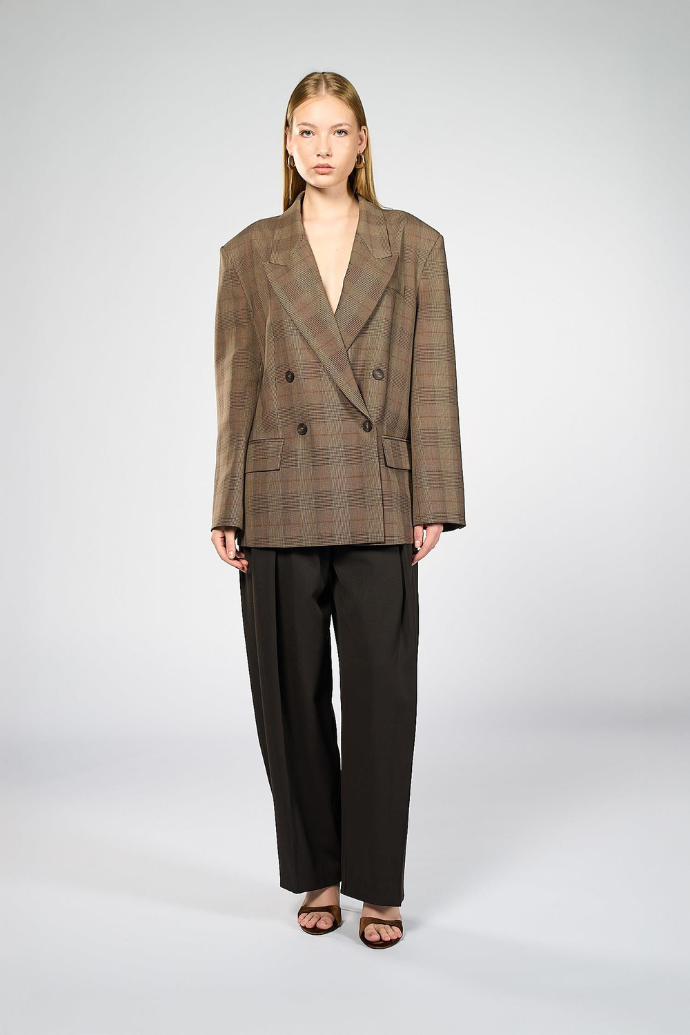 Kadın Kahverengi Ekoseli Oversize Blazer