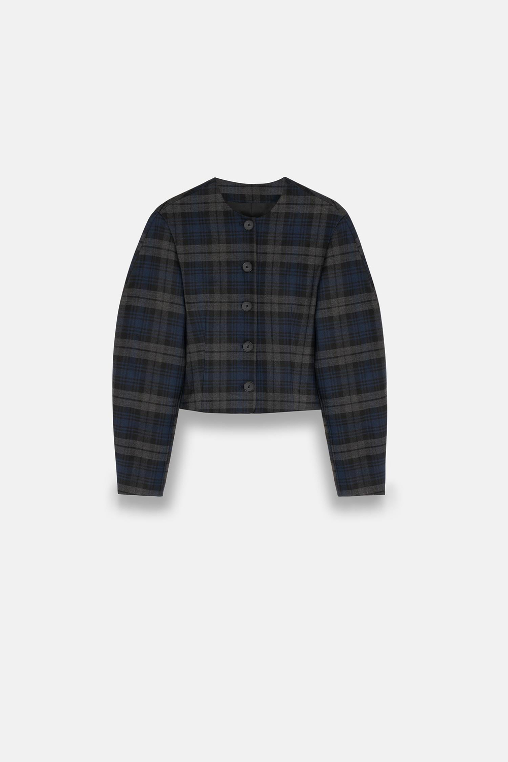Kadın Lacivert Ekoseli Bisiklet Yaka Crop Blazer