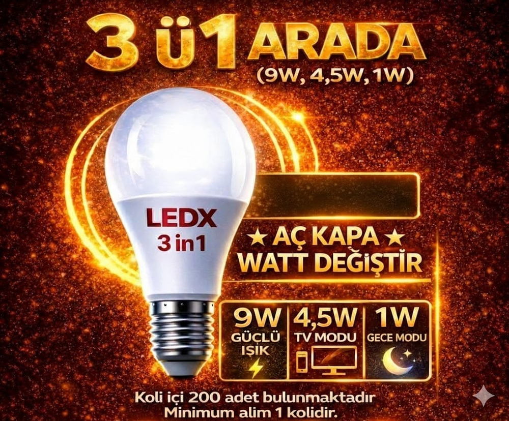 LEDX 3’ü 1 Arada Akıllı LED Ampul - Aç-Kapa Watt Değiştir (9W, 4.5W, 1W)