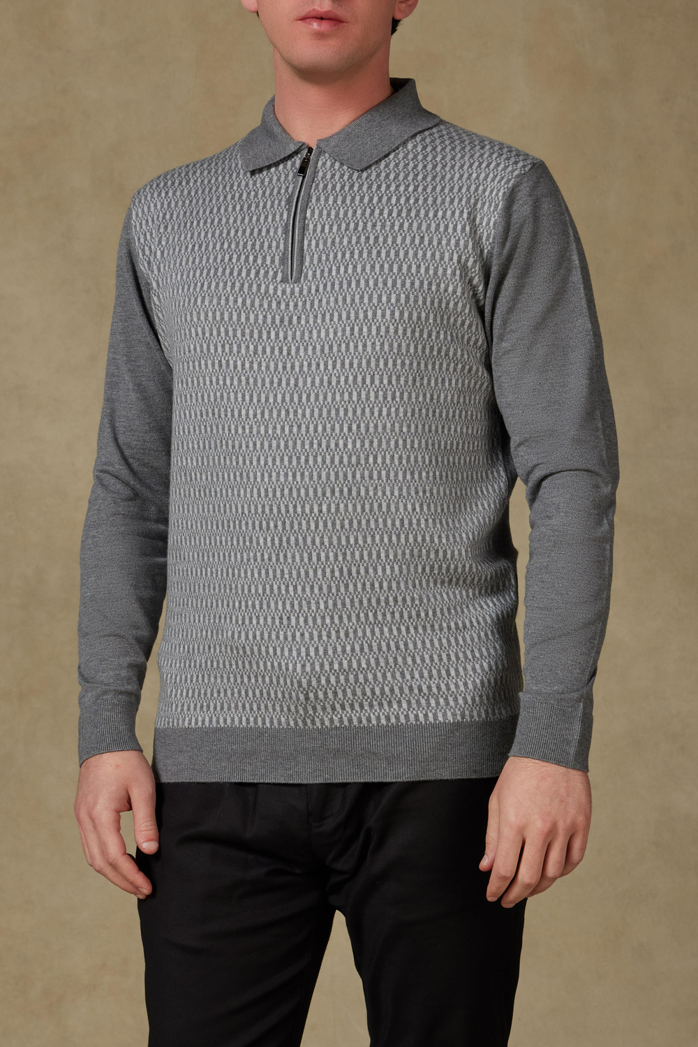 Abbate Claro Örme Kumaş Kaşmir Karışımlı Modern Fit Gri Polo Yaka Erkek Desenli Triko