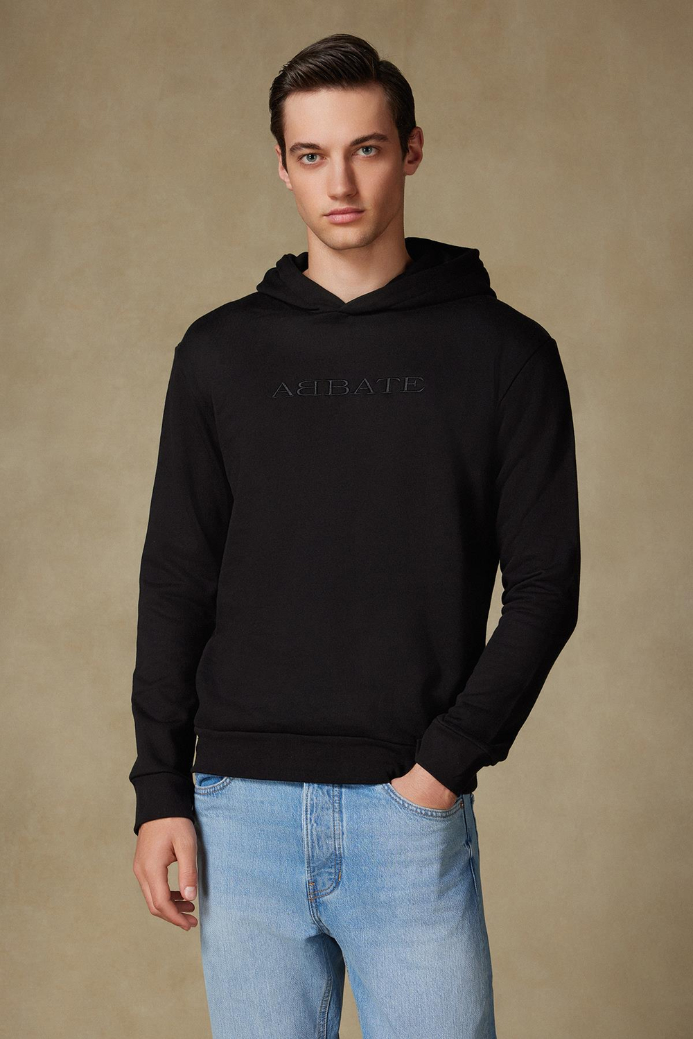 Abbate Hoodie Örme Kumaş Pamuklu Comfort Fit Siyah Bisiklet Yaka Erkek Nakışlı Hoodie