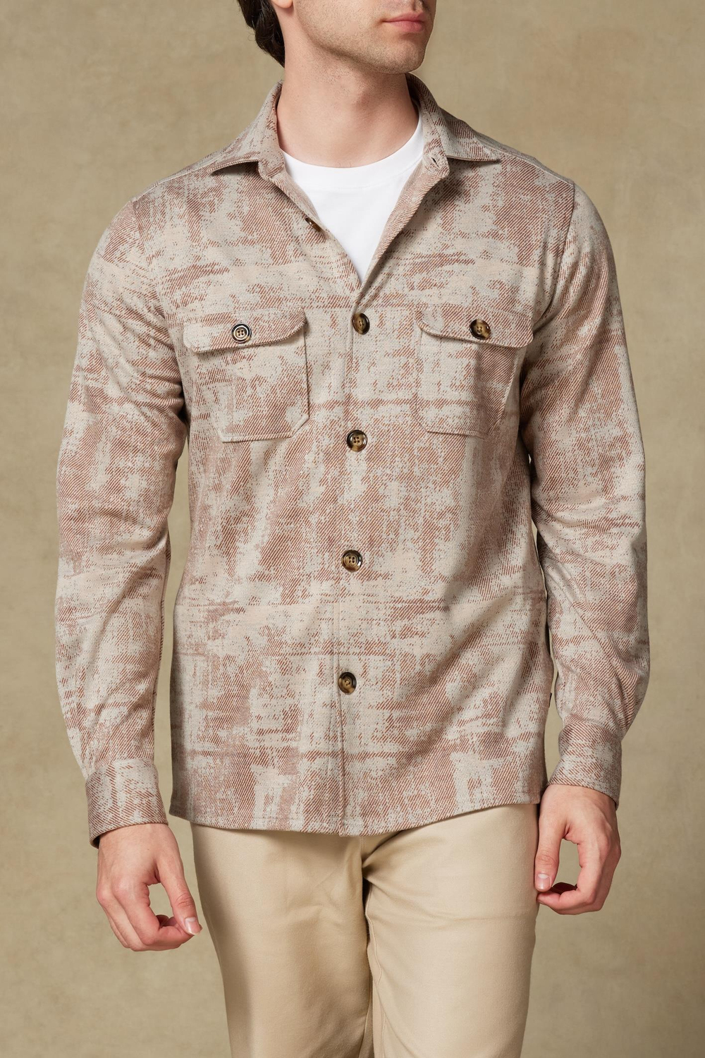 Abbate Legend Örme Kumaş Viskon Karışımlı Overshirt Fit Bej Klasik Yaka Erkek Desenli Overshirt