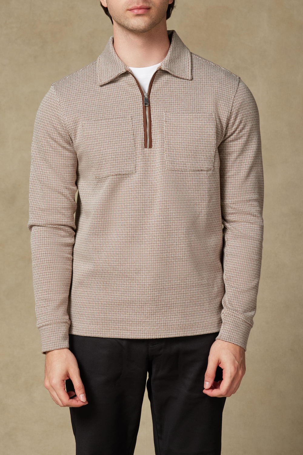 Abbate Milo Örme Kumaş Pamuklu Modern Fit Kahverengi Polo Yaka Erkek Desenli Sweatshirt
