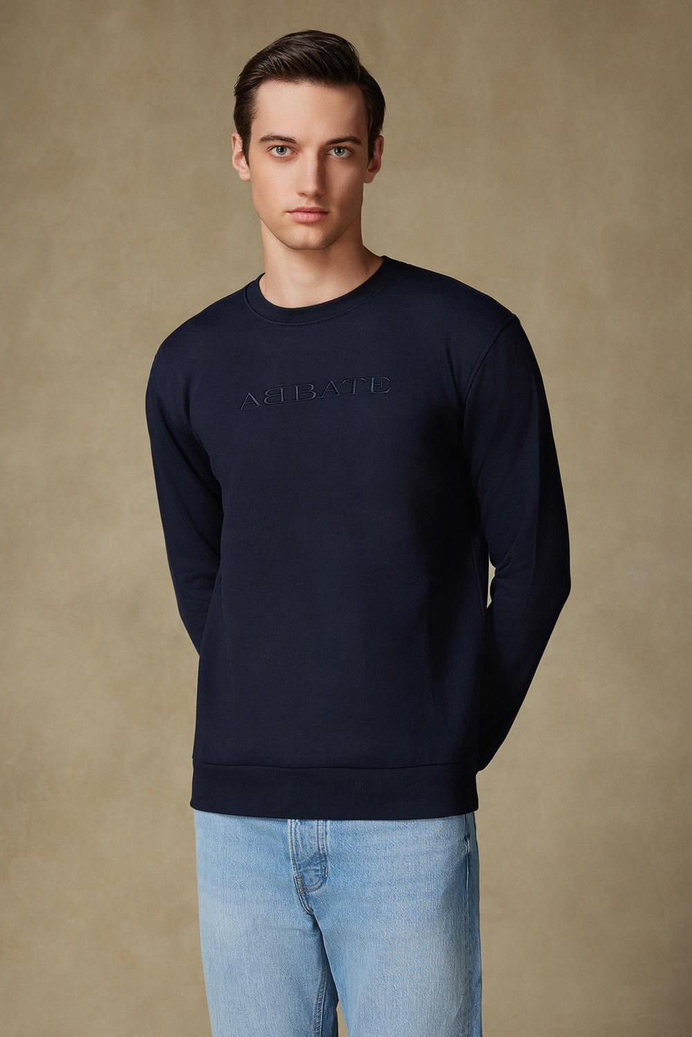 Abbate Sweatshirt Örme Kumaş Pamuklu Comfort Fit Lacivert Bisiklet Yaka Erkek Nakışlı Sweatshirt