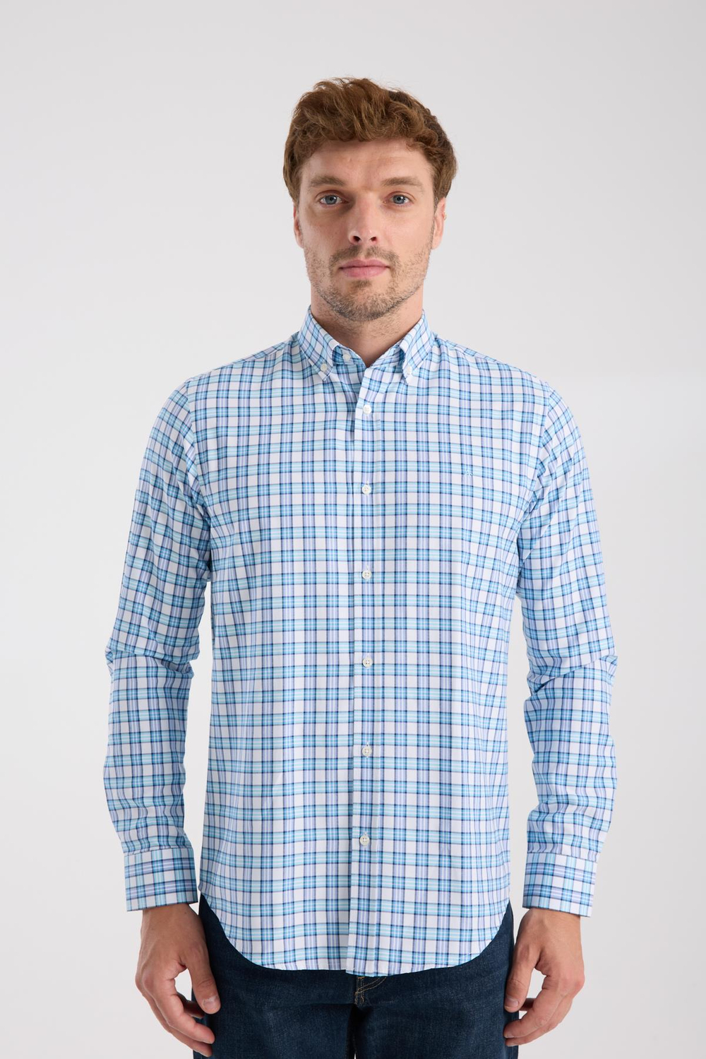 AClub AC10083 Oxford Pamuk Karışımlı Slim Fit Turkuaz Düğmeli Yaka Erkek Kareli Gömlek