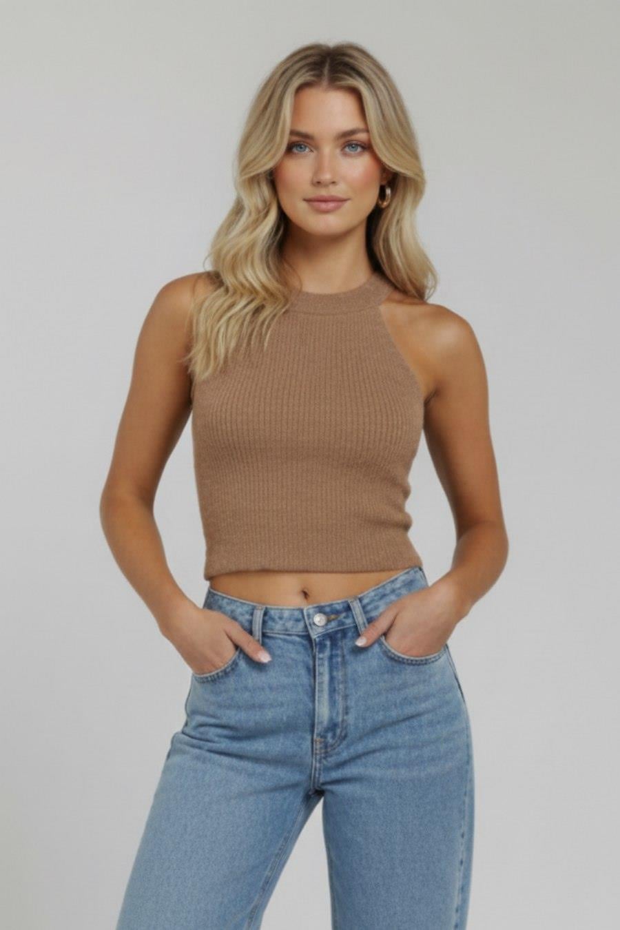 Halter Yaka Karamel Fitilli Sakallı Crop Top